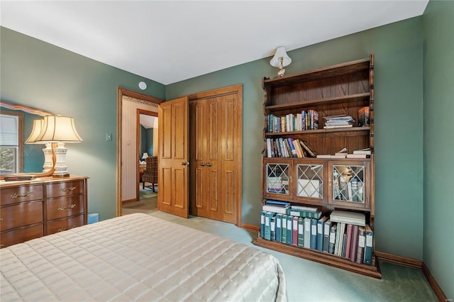 bedroom with light colored carpet