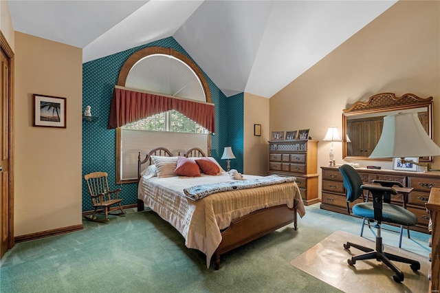 bedroom featuring carpet floors and vaulted ceiling