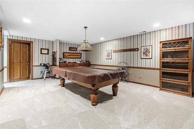 game room featuring light carpet and pool table