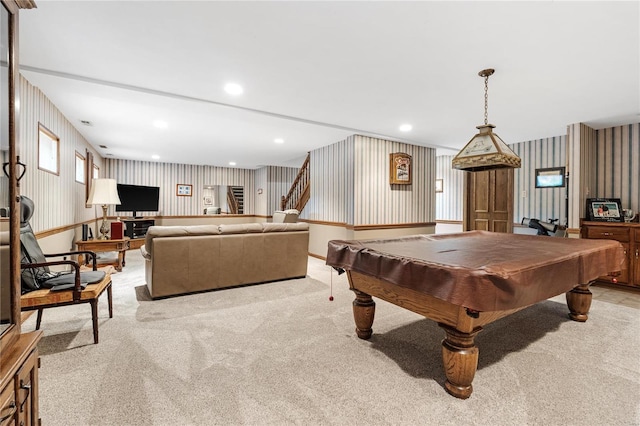 playroom featuring light carpet and pool table