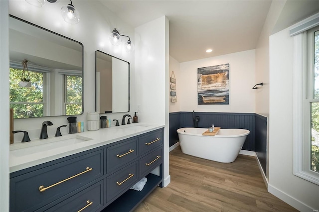 bathroom featuring hardwood / wood-style floors, a bathtub, and vanity