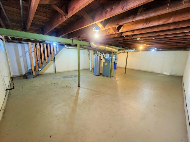 basement with heating unit and water heater