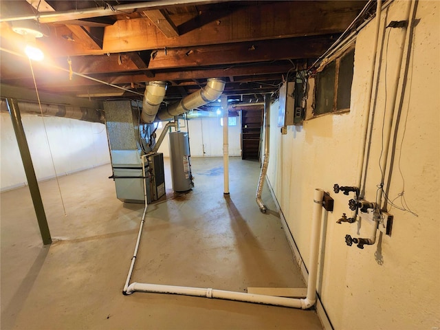 basement with gas water heater and heating unit