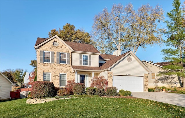 front facade with a garage and a front lawn