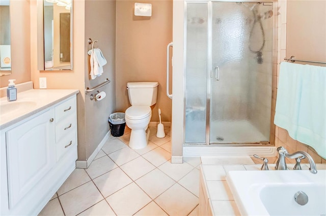 full bathroom featuring tile patterned flooring, vanity, toilet, and shower with separate bathtub