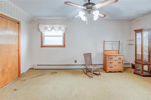 unfurnished room with carpet floors, ceiling fan, and crown molding