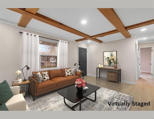 living room featuring beamed ceiling, light wood-type flooring, and coffered ceiling