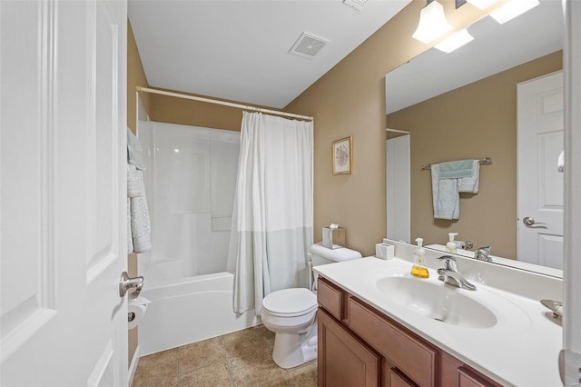 full bathroom featuring vanity, shower / tub combo, and toilet