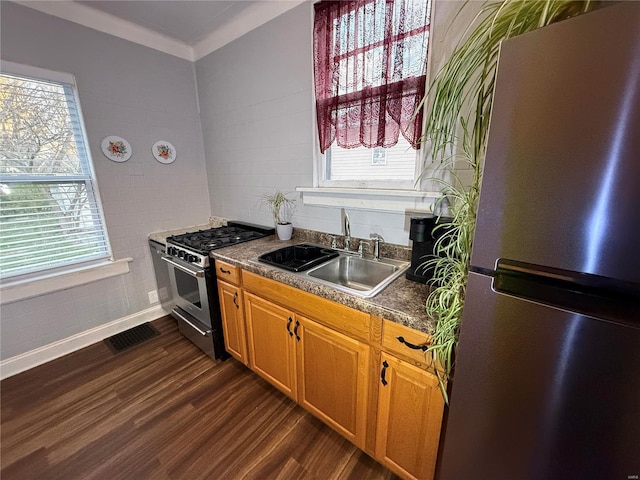 kitchen with appliances with stainless steel finishes, dark hardwood / wood-style floors, ornamental molding, and sink