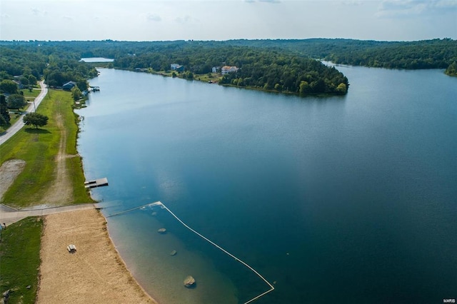 birds eye view of property with a water view and a wooded view