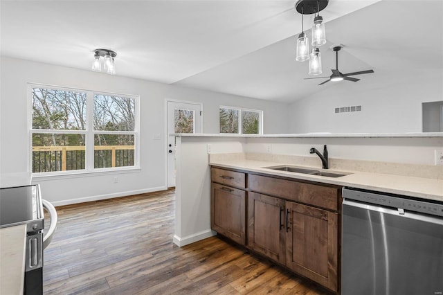 kitchen with a sink, a wealth of natural light, dark wood finished floors, and stainless steel dishwasher