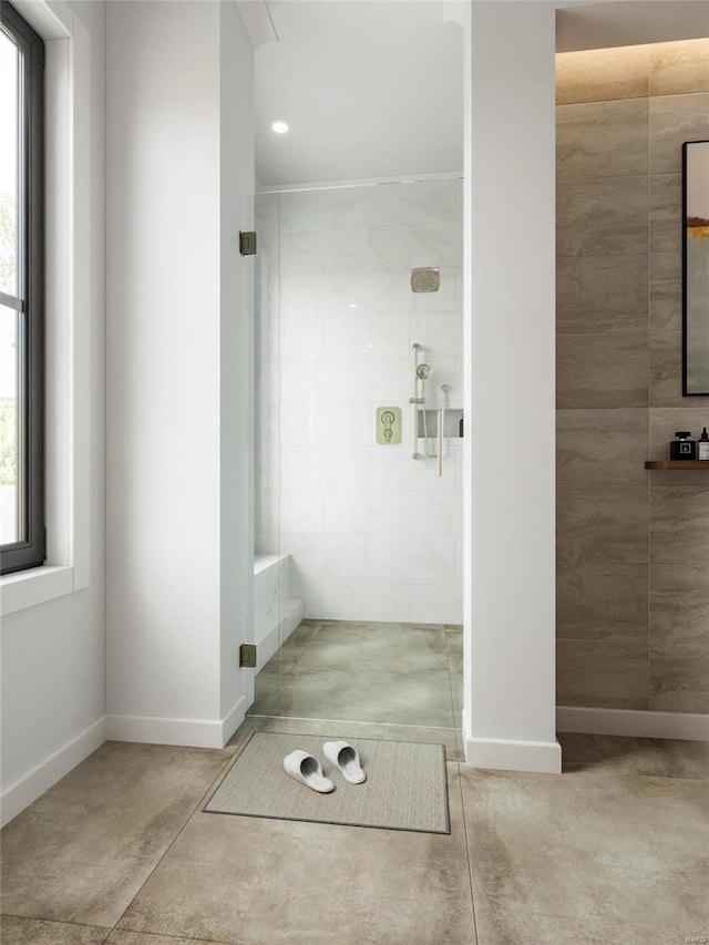 bathroom featuring concrete flooring and an enclosed shower