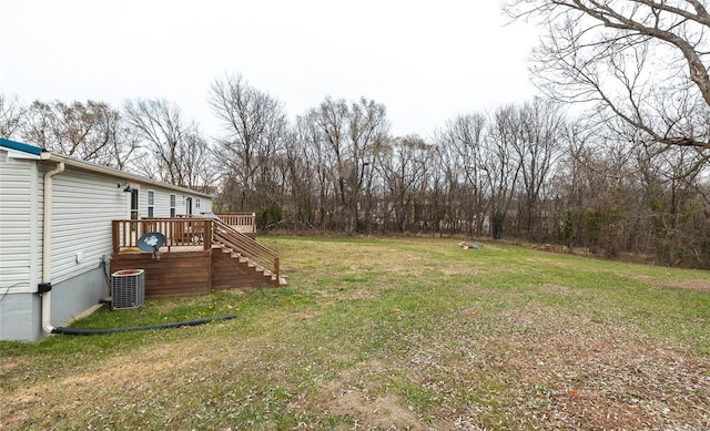 view of yard with central AC and a deck