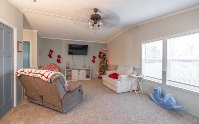 carpeted living room featuring a textured ceiling, ceiling fan, crown molding, and lofted ceiling