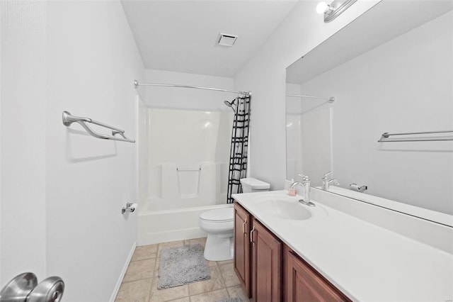 full bathroom with shower / tub combo, vanity, toilet, and tile patterned floors