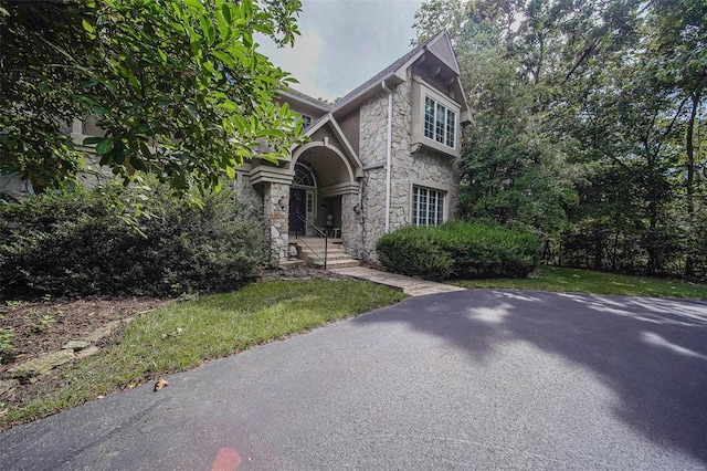 view of front of house featuring stone siding and a front yard