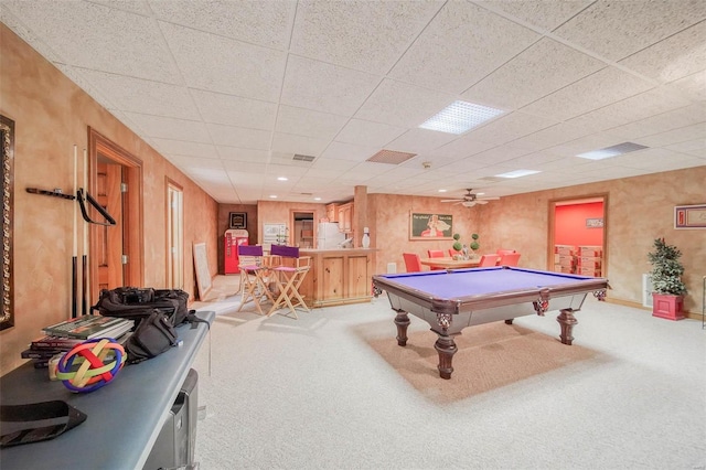 recreation room featuring pool table, light colored carpet, visible vents, and a drop ceiling