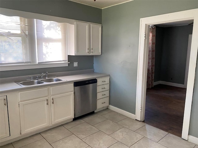 kitchen featuring white cabinets, dishwasher, light hardwood / wood-style floors, and sink