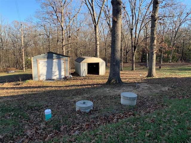 view of yard featuring a storage unit