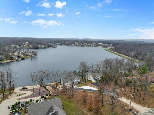 drone / aerial view with a water view