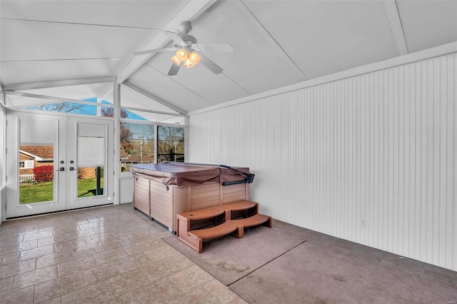 misc room with lofted ceiling with beams and ceiling fan