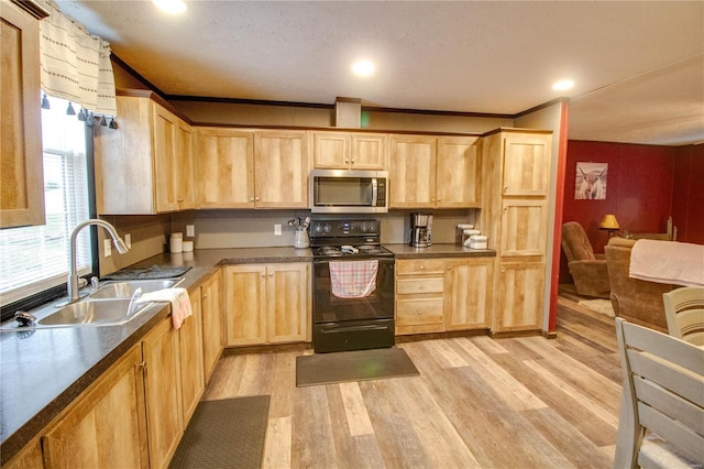 kitchen with electric range, sink, light brown cabinetry, and light hardwood / wood-style flooring