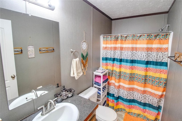 bathroom with walk in shower, vanity, a textured ceiling, crown molding, and toilet