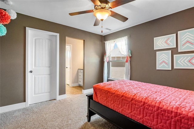 bedroom with light colored carpet and ceiling fan