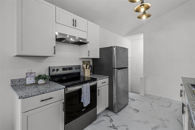 kitchen with lofted ceiling, white cabinets, stainless steel appliances, and extractor fan