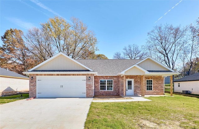 single story home featuring a garage, a front yard, and central AC