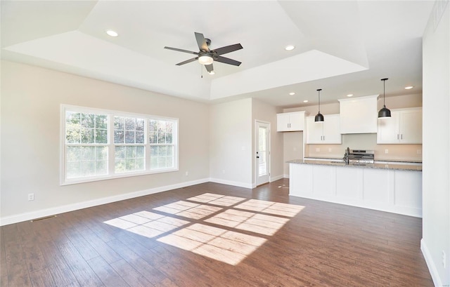 kitchen with a raised ceiling, light stone countertops, dark hardwood / wood-style flooring, and white cabinets