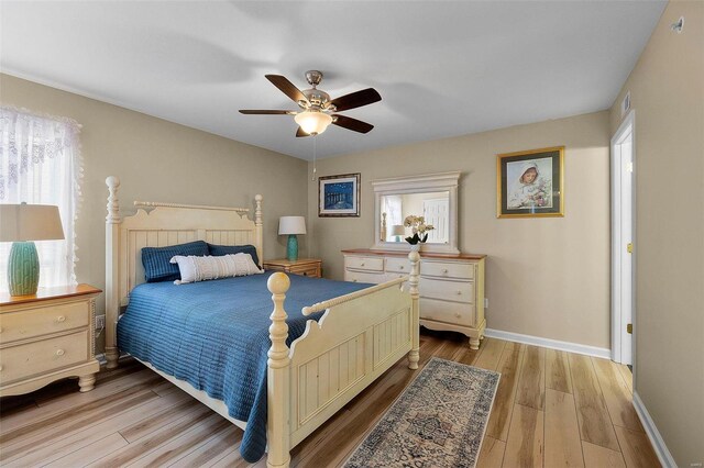 bedroom with ceiling fan and light wood-type flooring