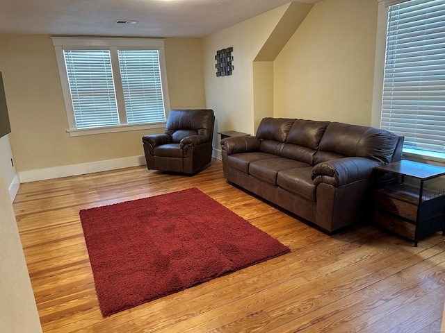 living room featuring a textured ceiling, light hardwood / wood-style flooring, and a healthy amount of sunlight