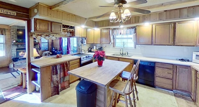 kitchen featuring stainless steel range with electric stovetop, dishwasher, sink, ceiling fan, and butcher block counters