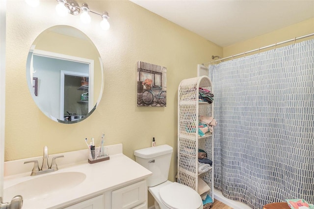 bathroom featuring a shower with curtain, vanity, and toilet