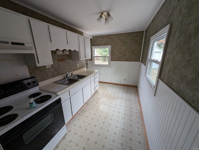 kitchen with white range with electric stovetop, sink, white cabinets, and ventilation hood