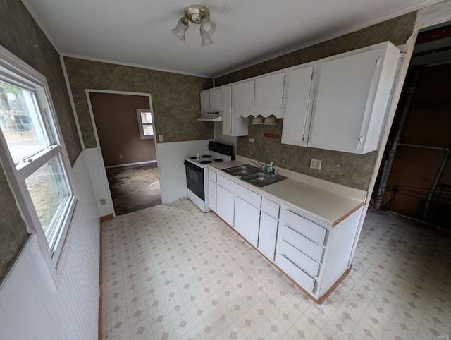 kitchen with white cabinets, electric range, crown molding, and sink