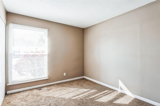 carpeted empty room with a healthy amount of sunlight and a textured ceiling