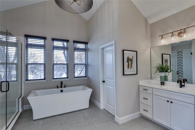 bathroom with tile patterned floors, vanity, separate shower and tub, and high vaulted ceiling