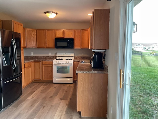 kitchen with light hardwood / wood-style flooring and black appliances