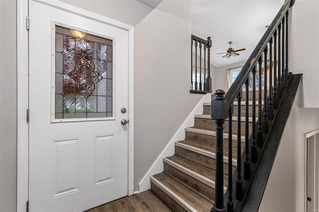 foyer entrance with ceiling fan and dark hardwood / wood-style flooring