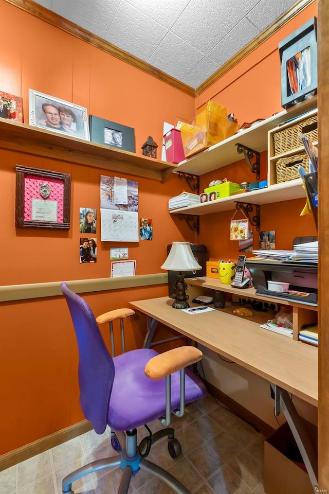 home office with tile patterned flooring, a textured ceiling, and ornamental molding