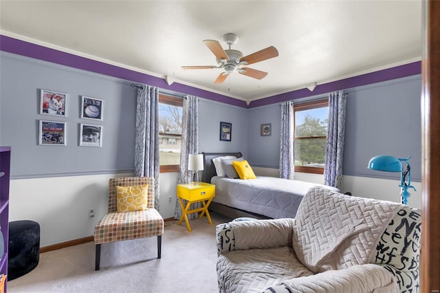 bedroom with ceiling fan and carpet floors