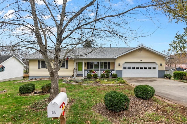 single story home with a front lawn, a porch, and a garage