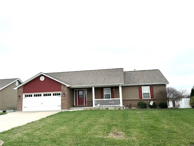 ranch-style house featuring a front yard, a porch, and a garage