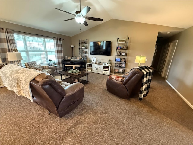 living room featuring carpet flooring, ceiling fan, and vaulted ceiling