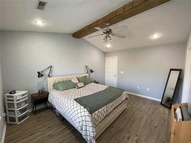 bedroom with dark hardwood / wood-style flooring, vaulted ceiling with beams, and ceiling fan