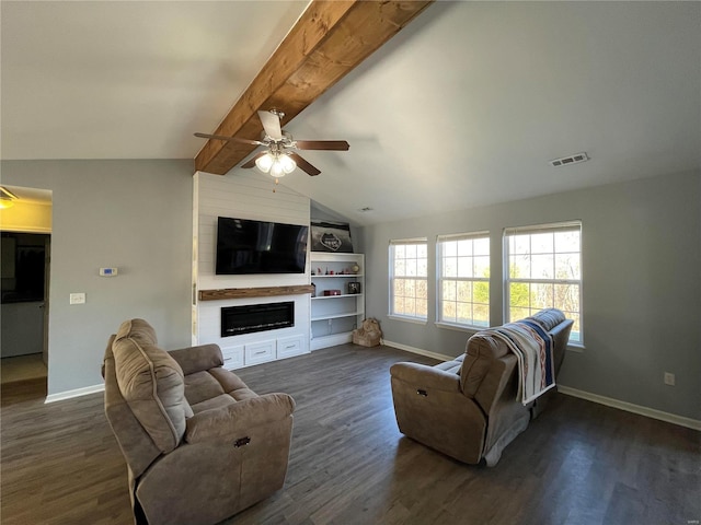 living room with a fireplace, dark hardwood / wood-style flooring, lofted ceiling with beams, and ceiling fan