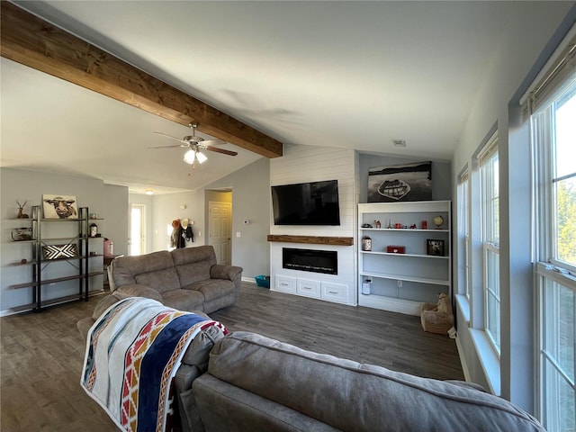 living room featuring vaulted ceiling with beams, ceiling fan, and dark hardwood / wood-style flooring