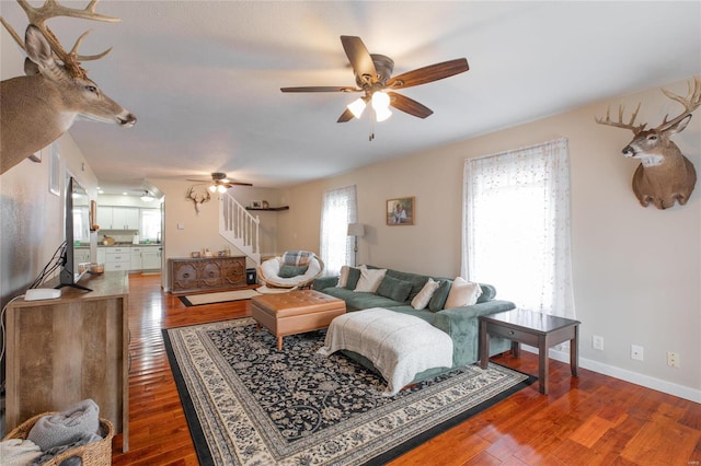 living room with ceiling fan, a healthy amount of sunlight, and wood-type flooring